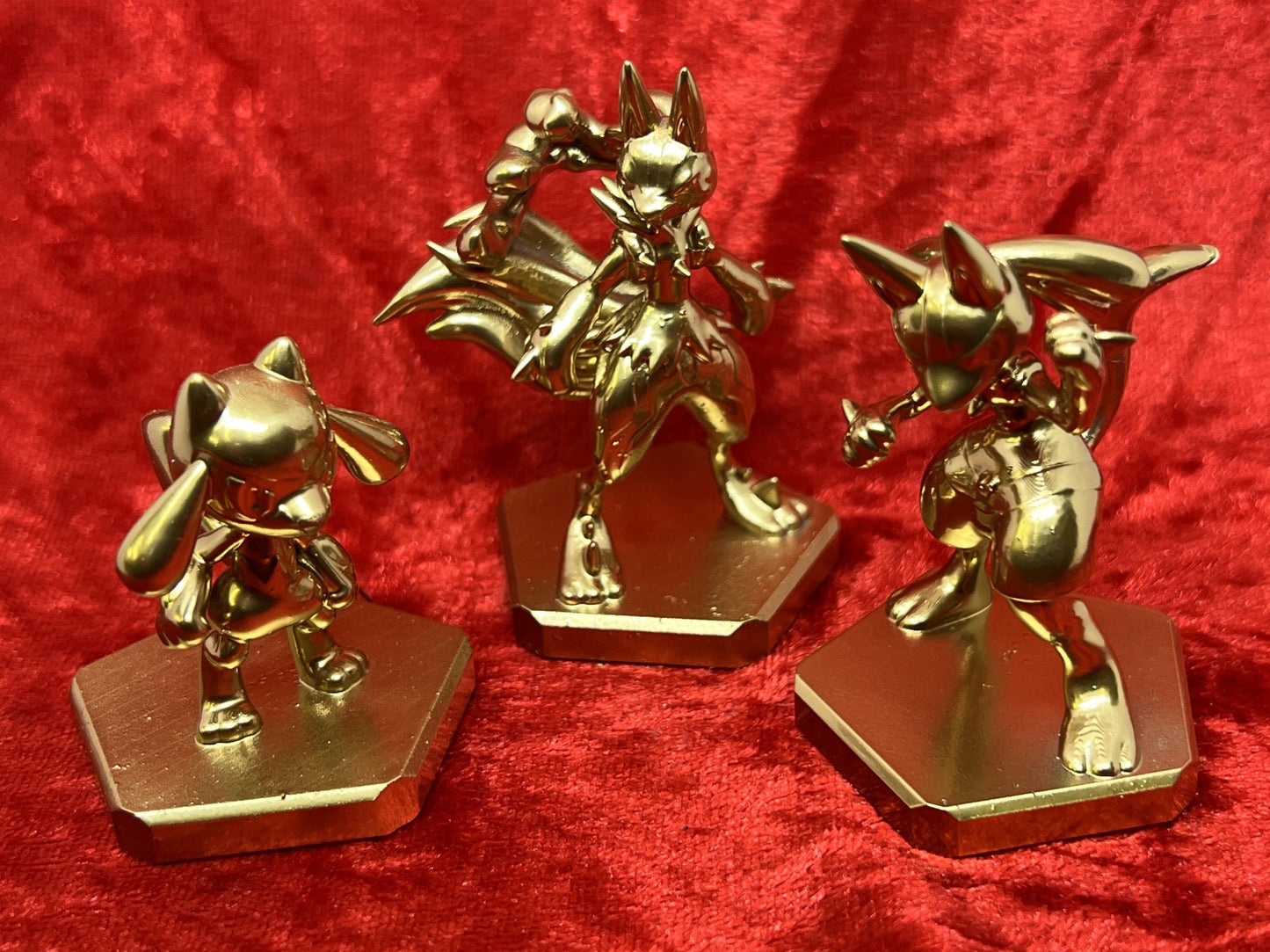 Pokemon #447 Riolu, #448 Lucario and Mega Lucario figures Gold TCG Statue Set