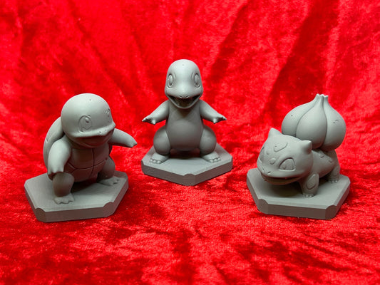 Pokemon #001 Bulbasaur, #004 Charmander, #007 Squirtle, gen 1 starter set figures Grey TCG statues