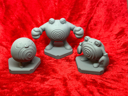 Pokemon #060 Poliwag, #061 Poliwhirl and #062 Poliwrath figures Set Grey TCG Statues